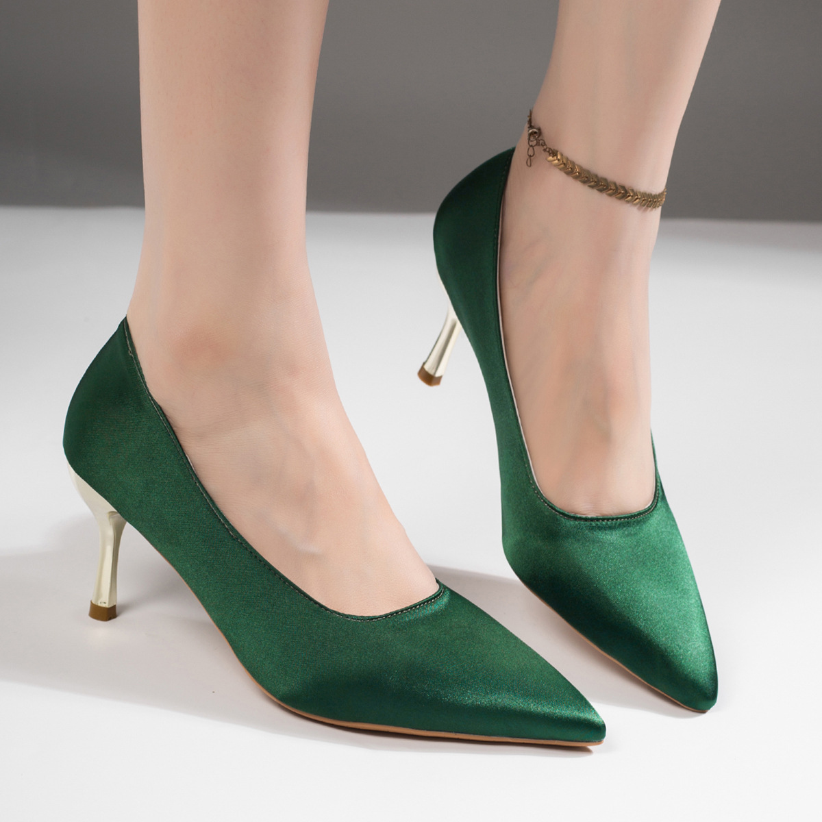 Women Green Satin Pumps Pointe - Court Heel Pointed review and price